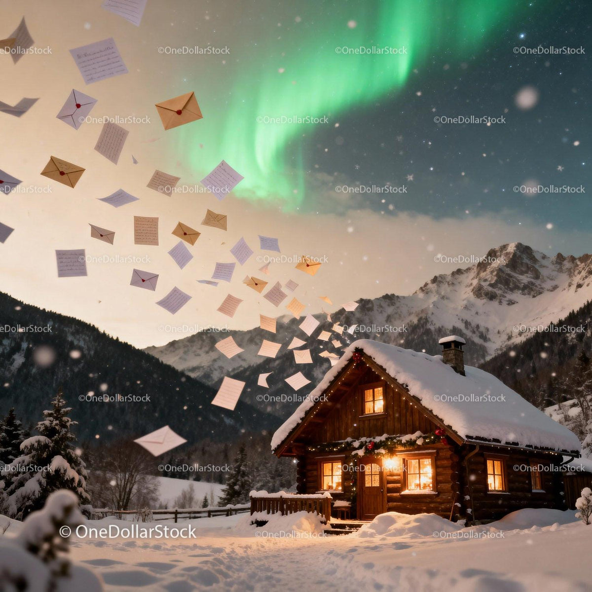 Cozy cabin under northern lights with floating letters