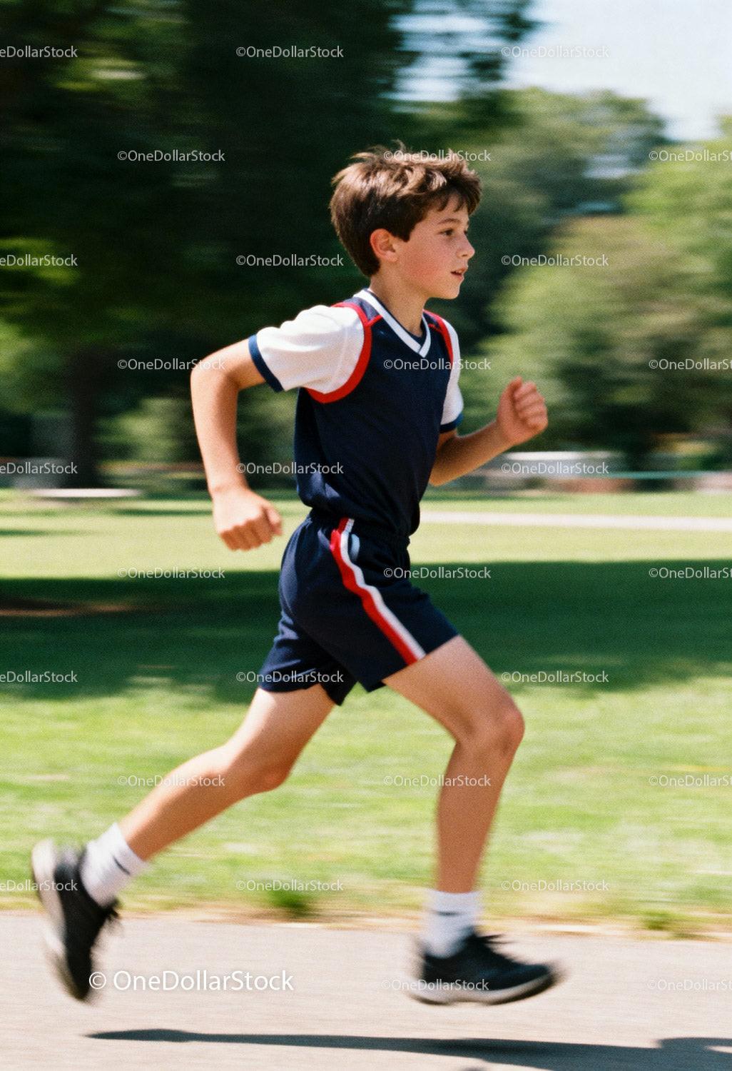Active Boy Running Outdoors in Athletic Clothing