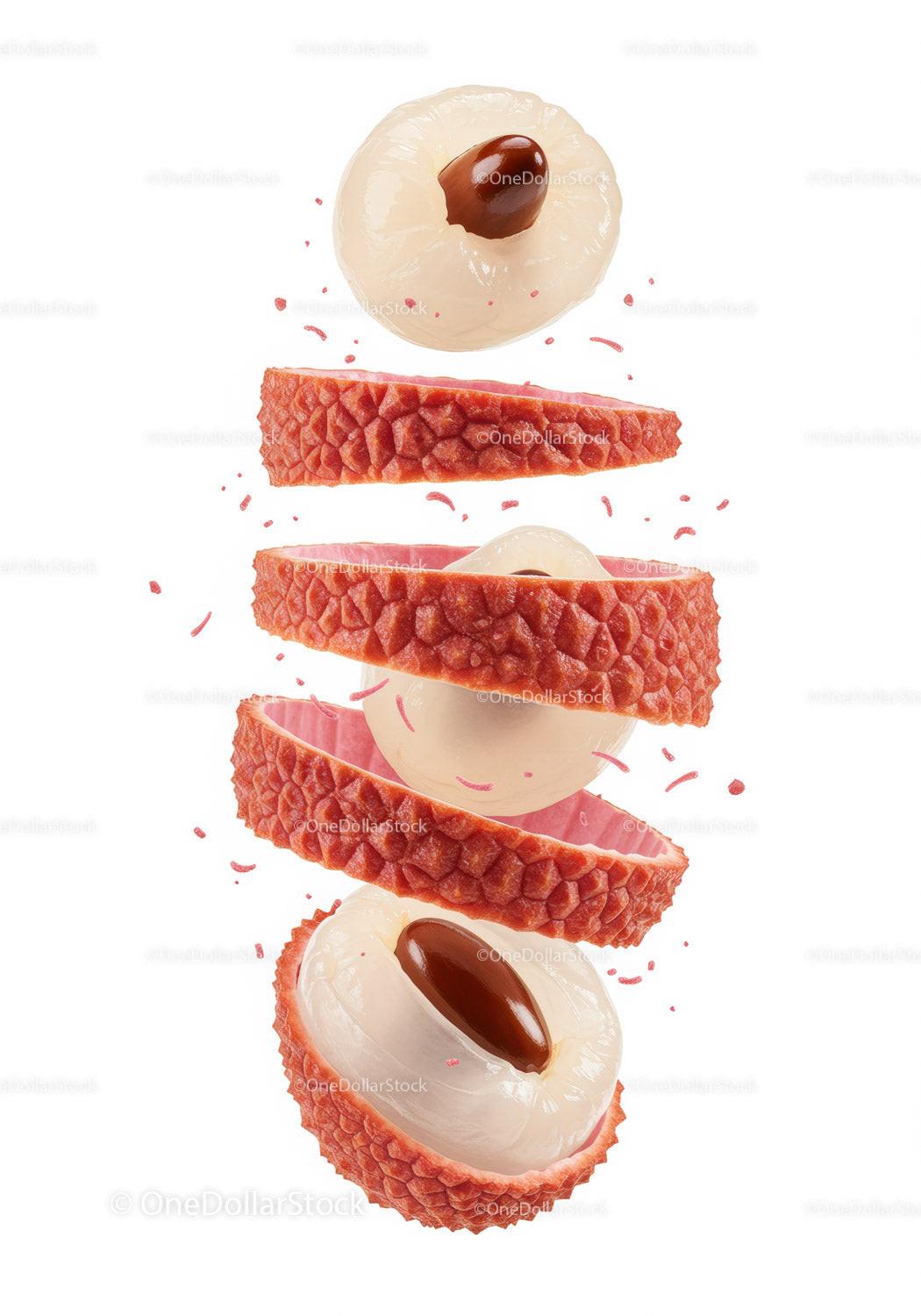 Fresh lychee fruit slices with seeds isolated on white