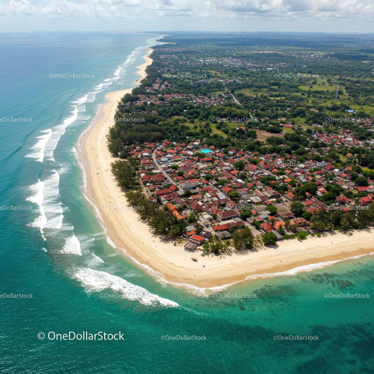 Tropical Coastal Town with Sandy Beach and Ocean Waves