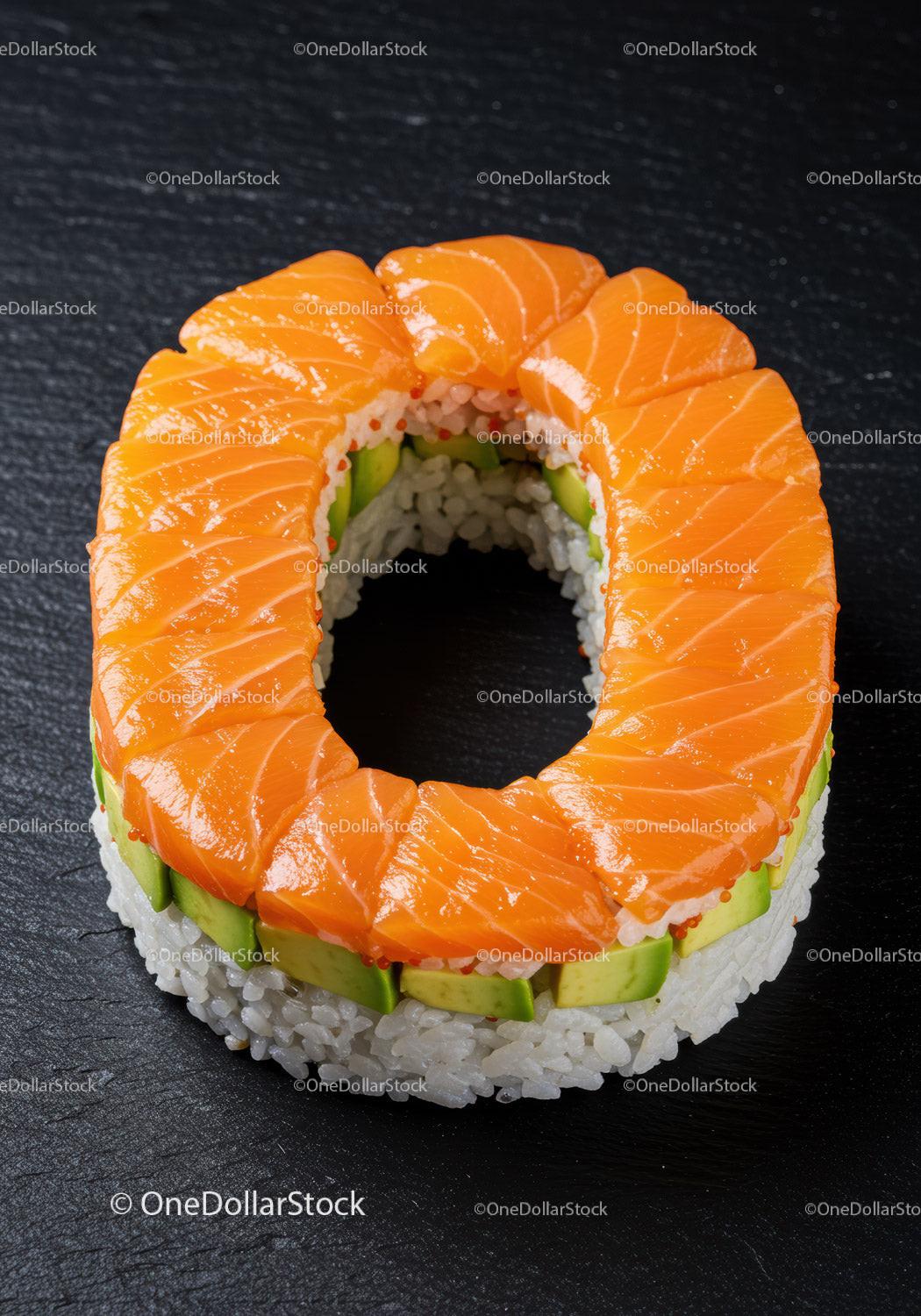 Fresh salmon sushi ring with avocado and rice