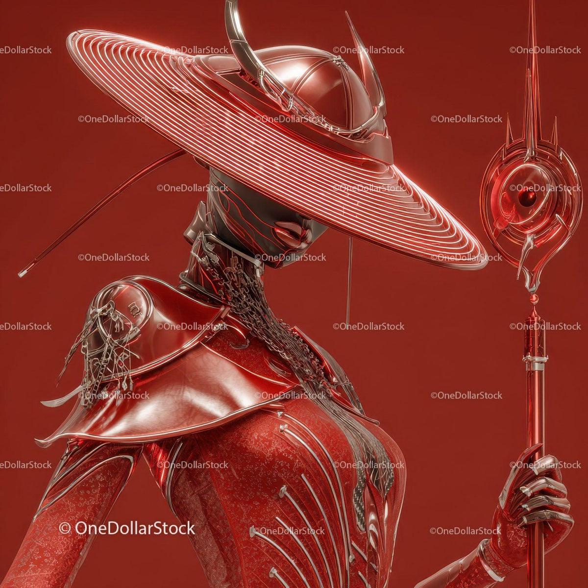 Futuristic Samurai in Neon Red Armor Holding Umbrella Stock Photo Bundle preview 18