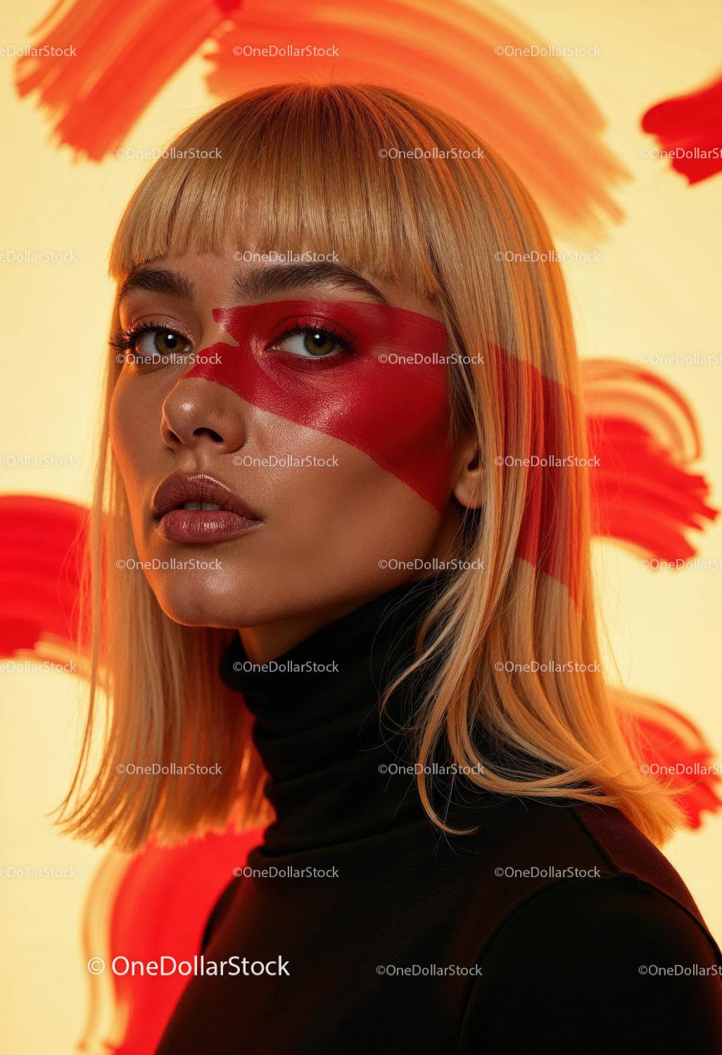 Creative Artistic Makeup Portrait with Red Face Paint and Blonde Hair Stock Photo Bundle preview 20