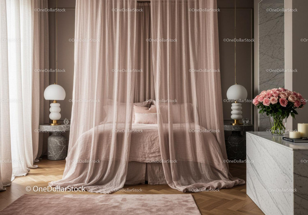 Soft pink bedroom with sheer curtains and floral decor