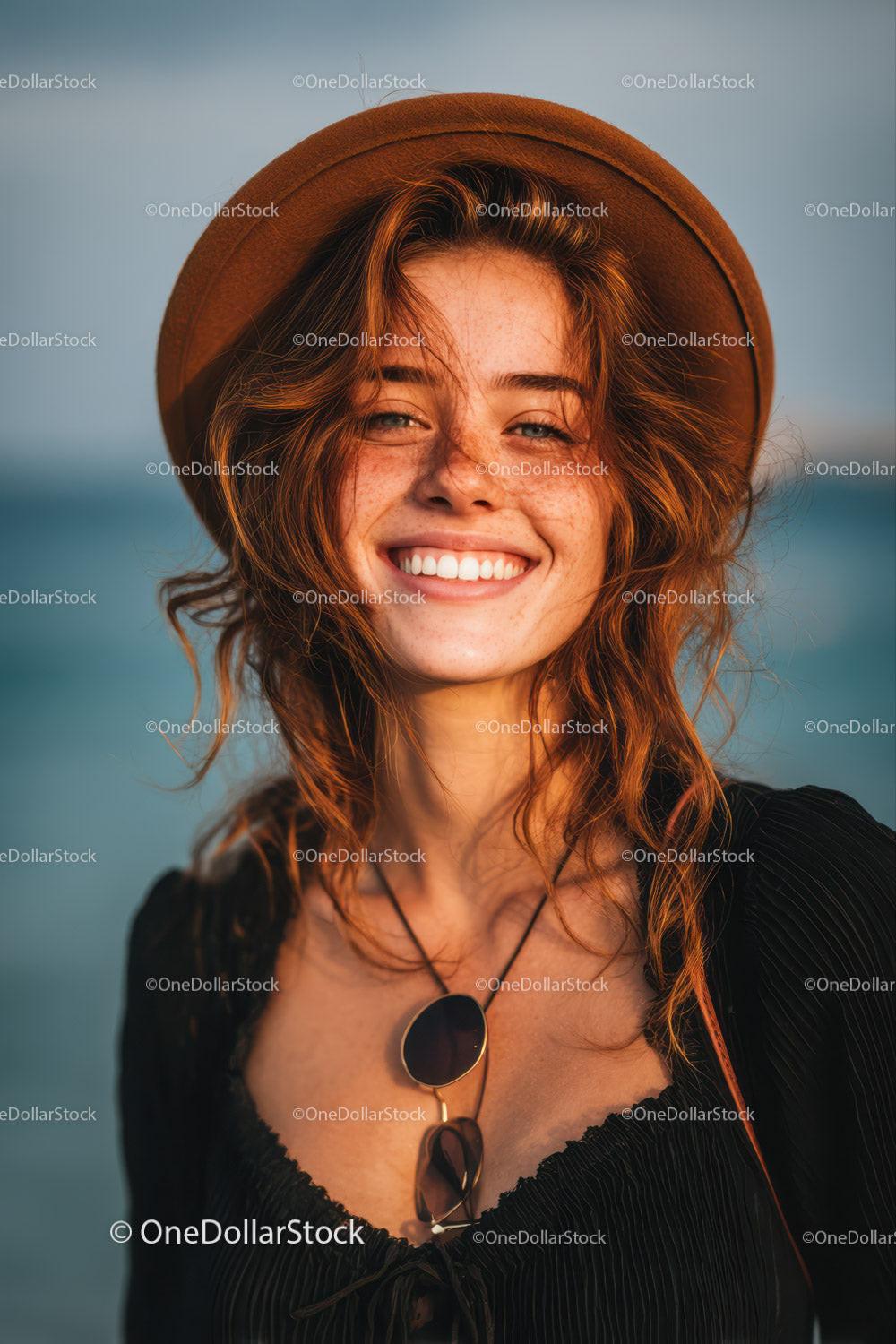 Young Woman with Red Hair Wearing Straw Hat at Beach