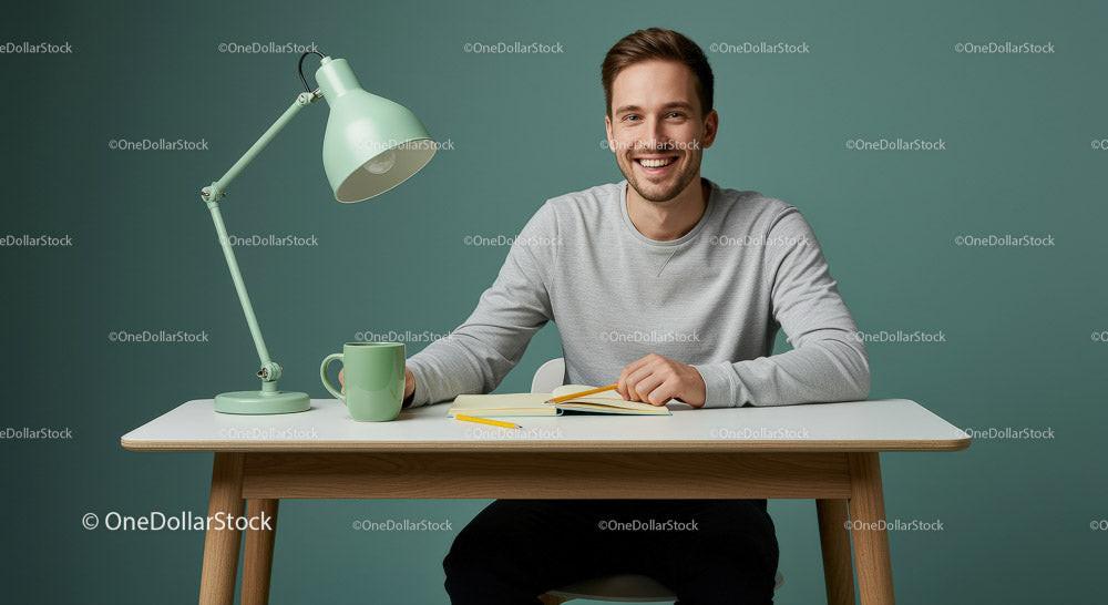 stock photo bundle made with Smiling Young Man at a Modern Desk with Green Accents Stock Photo Bundle