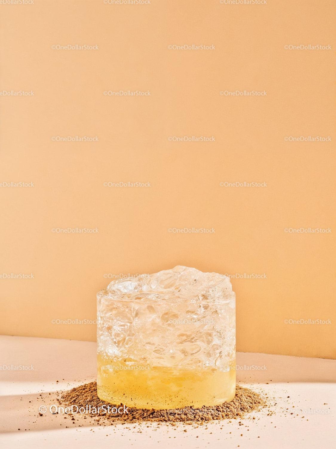 Clear Ice Cube on Ground with Orange Light Glow
