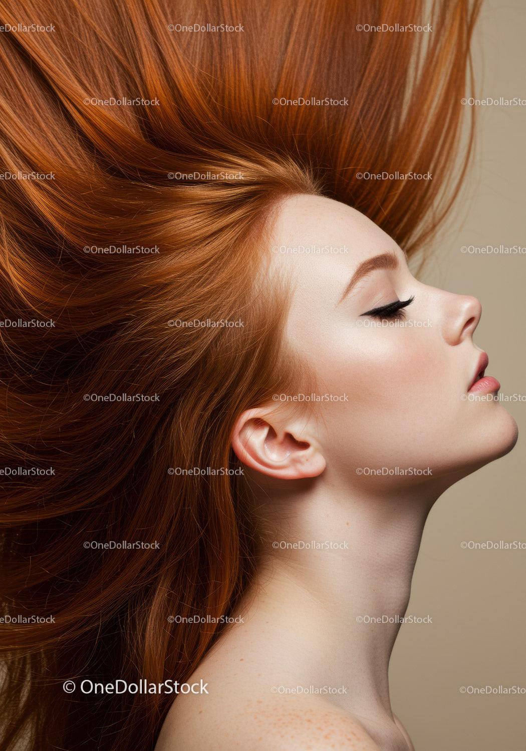 Profile of serene woman with flowing red hair