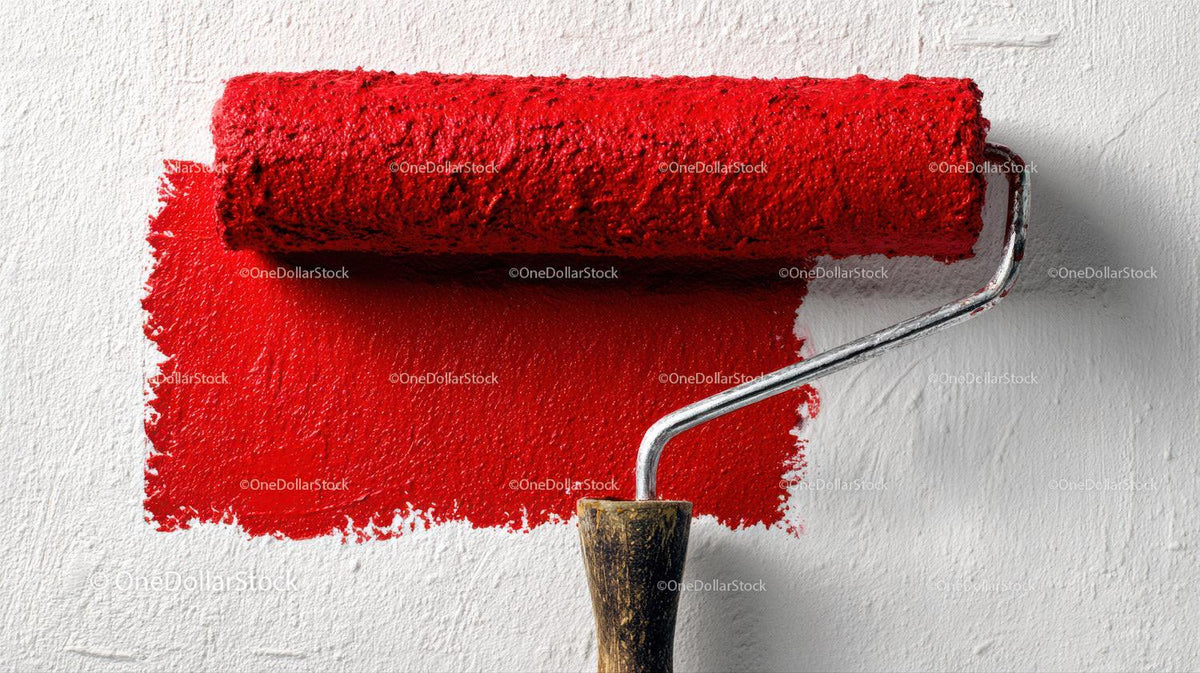 Red Paint and Roller on White Wall for Home Renovation