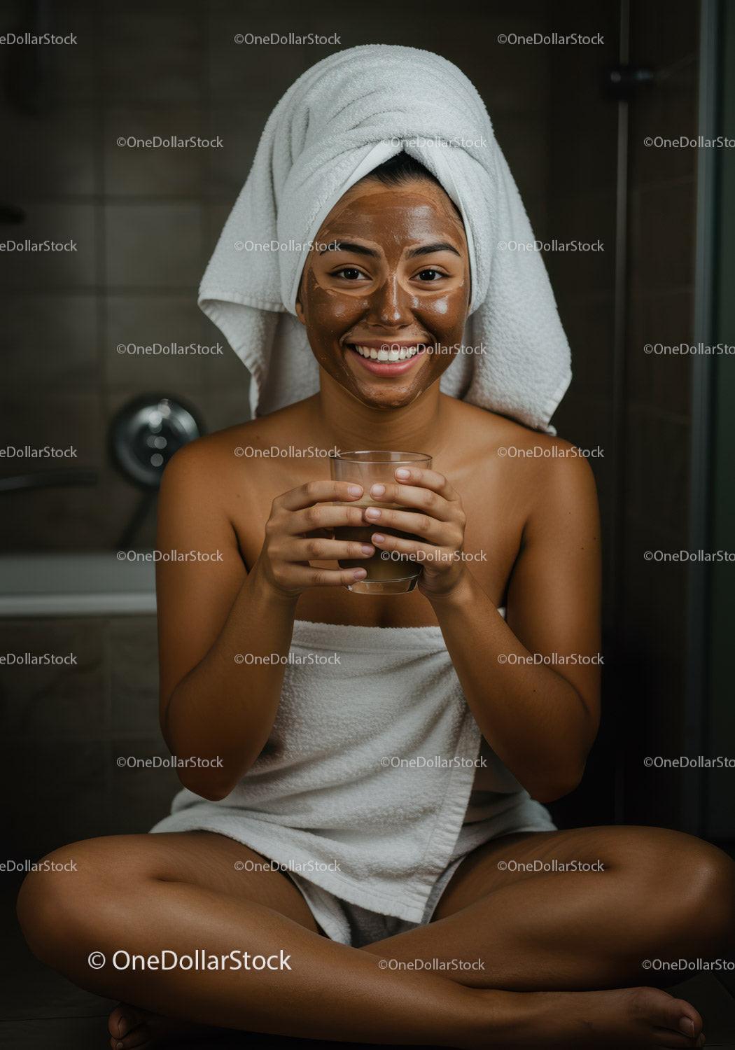 Young Woman Relaxing with Facial Mask in Bathroom Spa