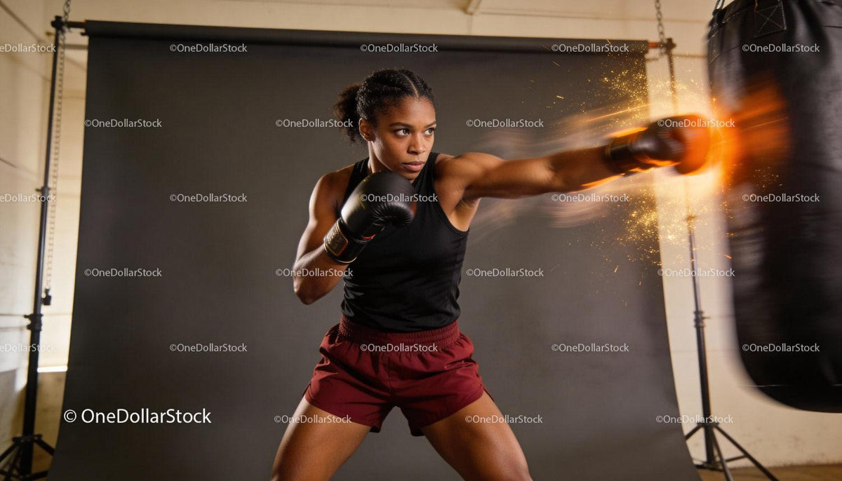 Focused female boxer delivering powerful punch during training