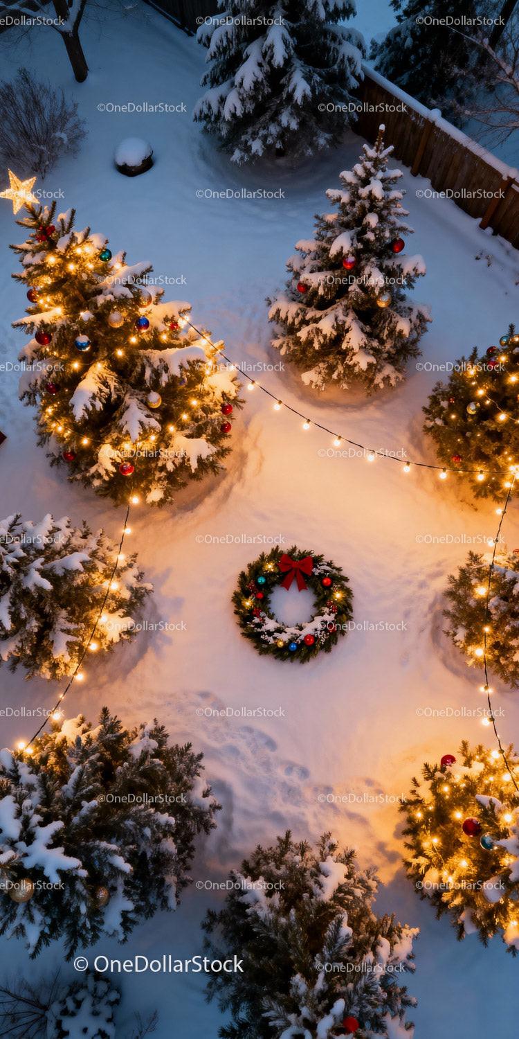 Snow-covered Christmas trees glowing with festive lights