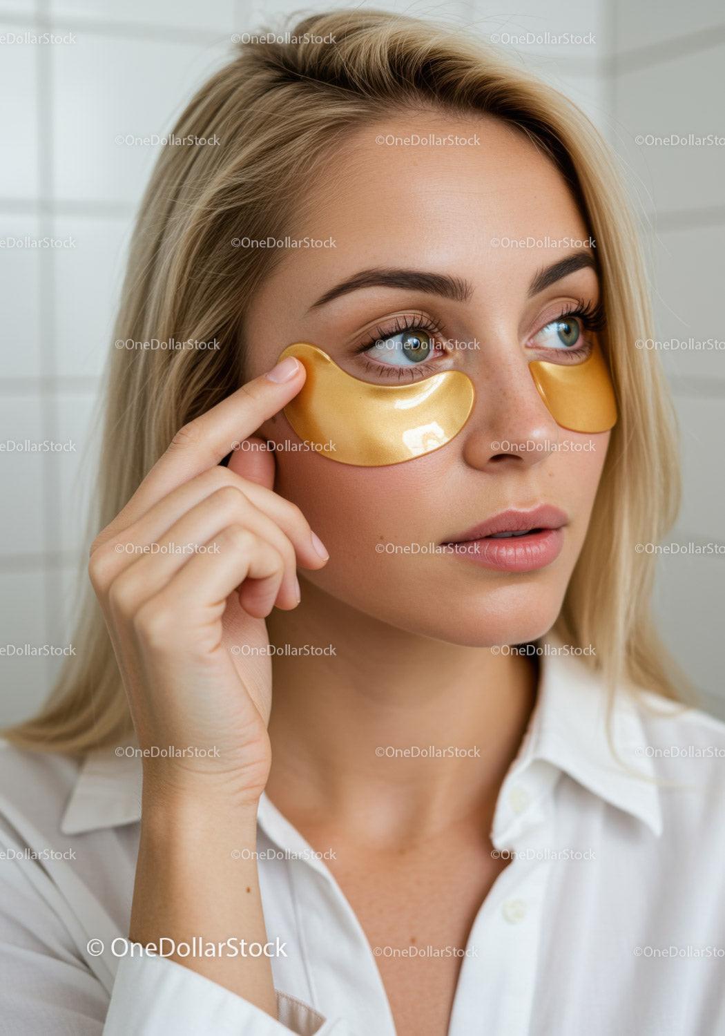 Woman with Under-Eye Gel Patches Performing Skincare Routine