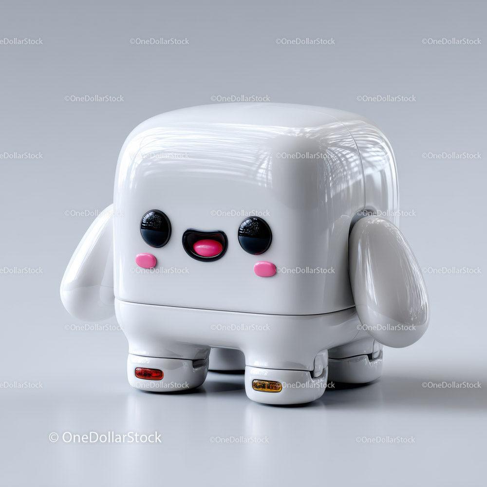 Small glossy white cube robot figure with smiling face and rounded feet on gray background