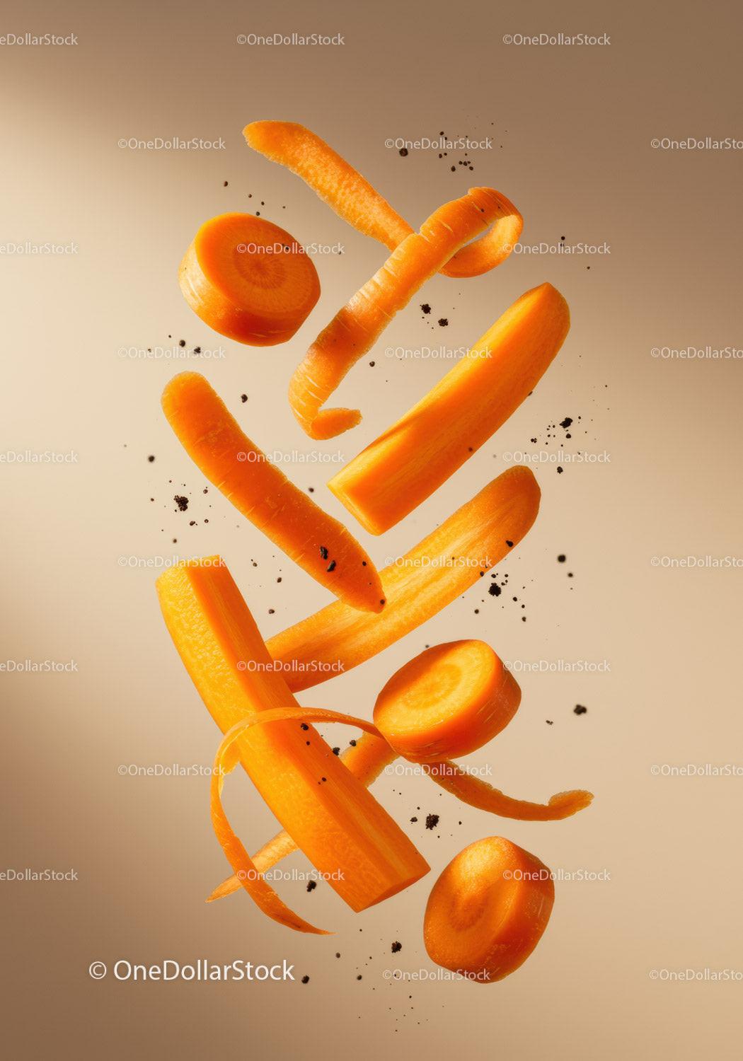 Fresh Sliced Carrot Pieces Floating in Air