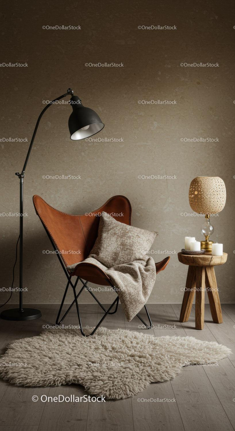 Cozy corner with leather chair and soft textured decor