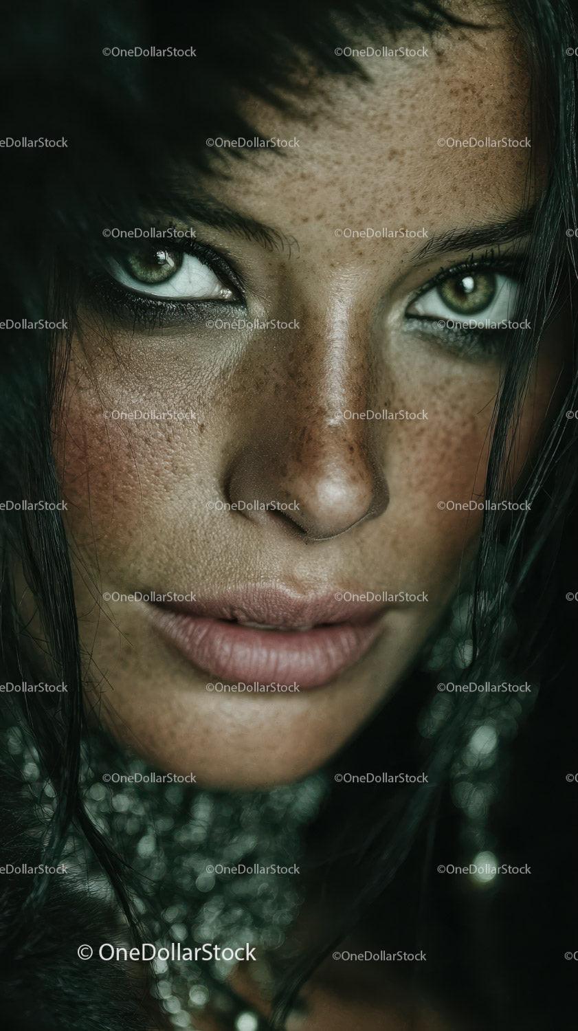 Close-up of a Woman with Green Eyes and Freckles in Artistic Portrait