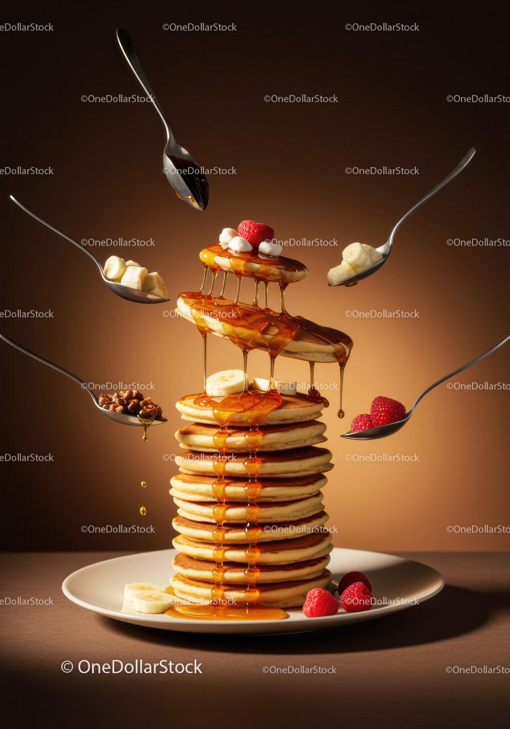 Stack of pancakes with flowing syrup and fresh fruit