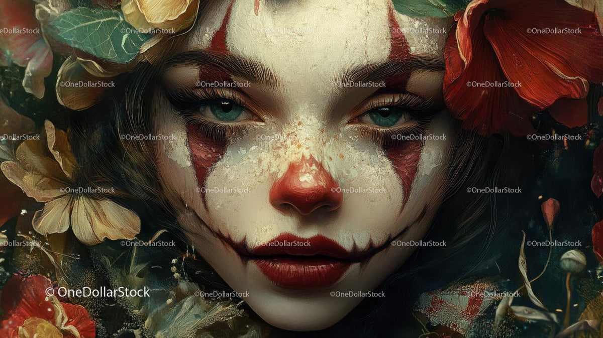 Close-up of woman with clown makeup and colorful flowers in dark background