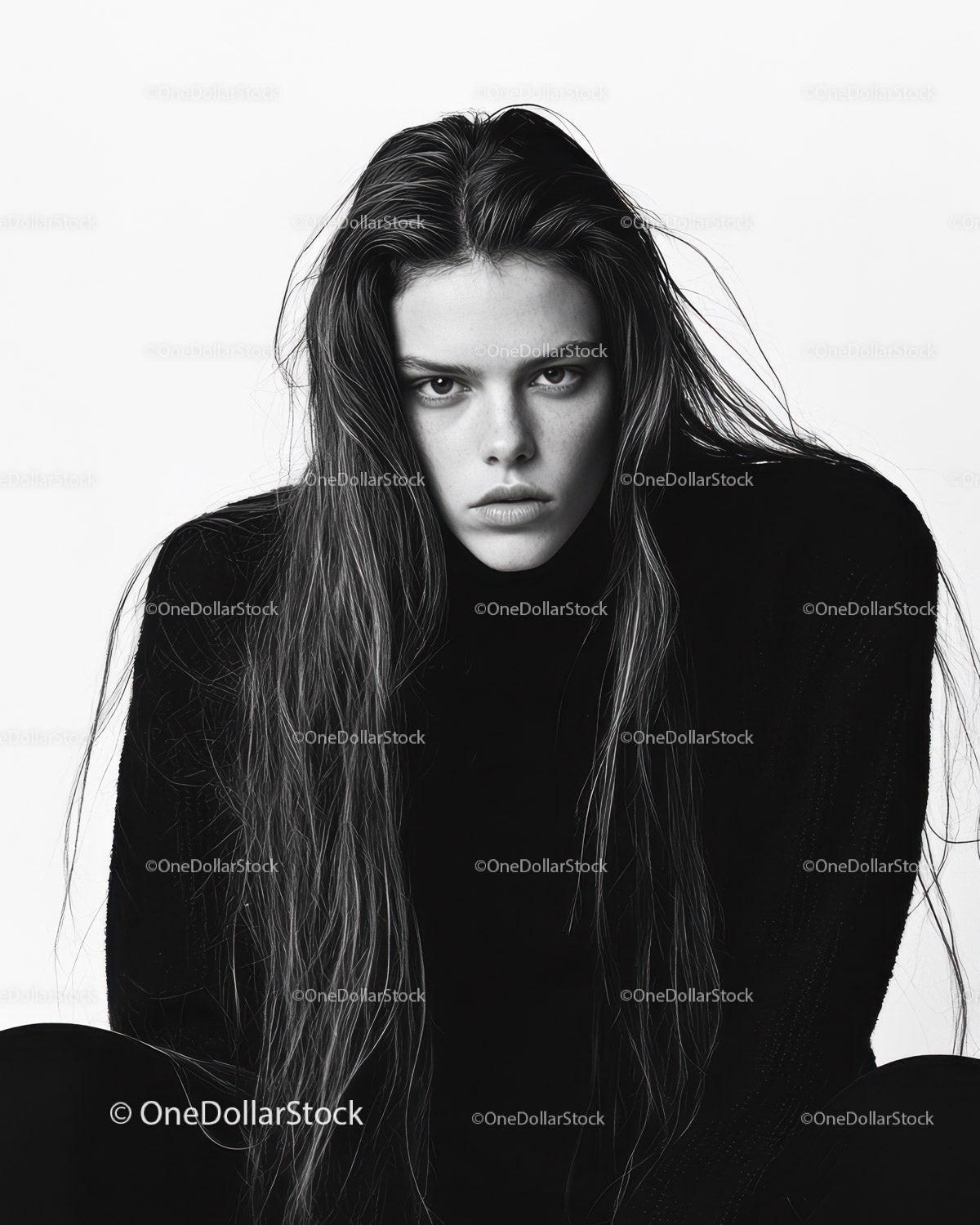 Monochrome Portrait of a Young Woman with Long Wet Hair