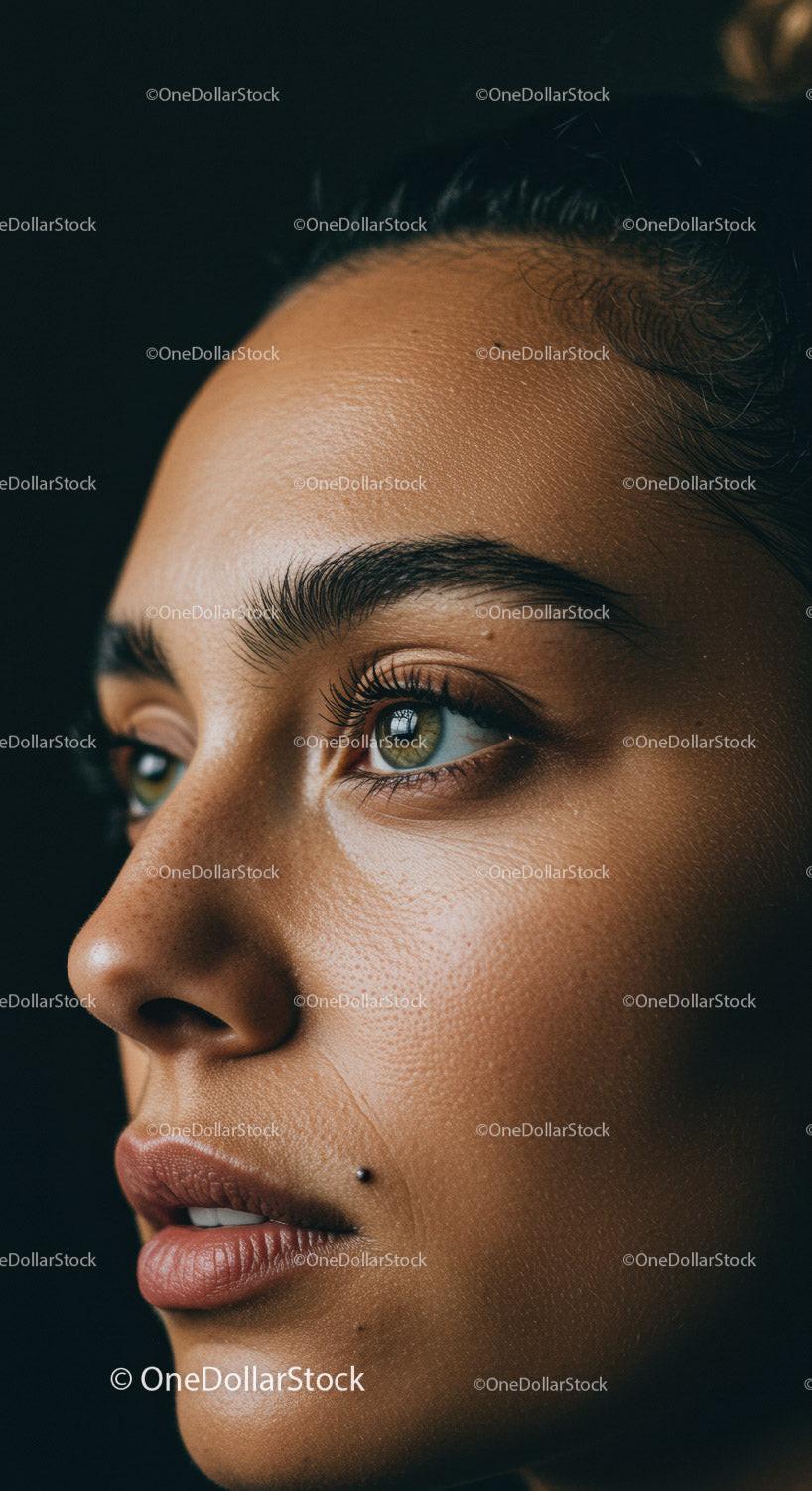 Close up of thoughtful young woman with natural skin