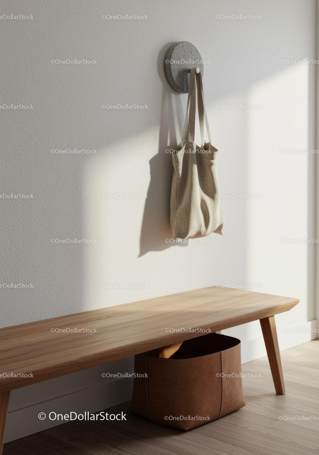 Minimalist Hallway with Wooden Bench and Fabric Tote Bag