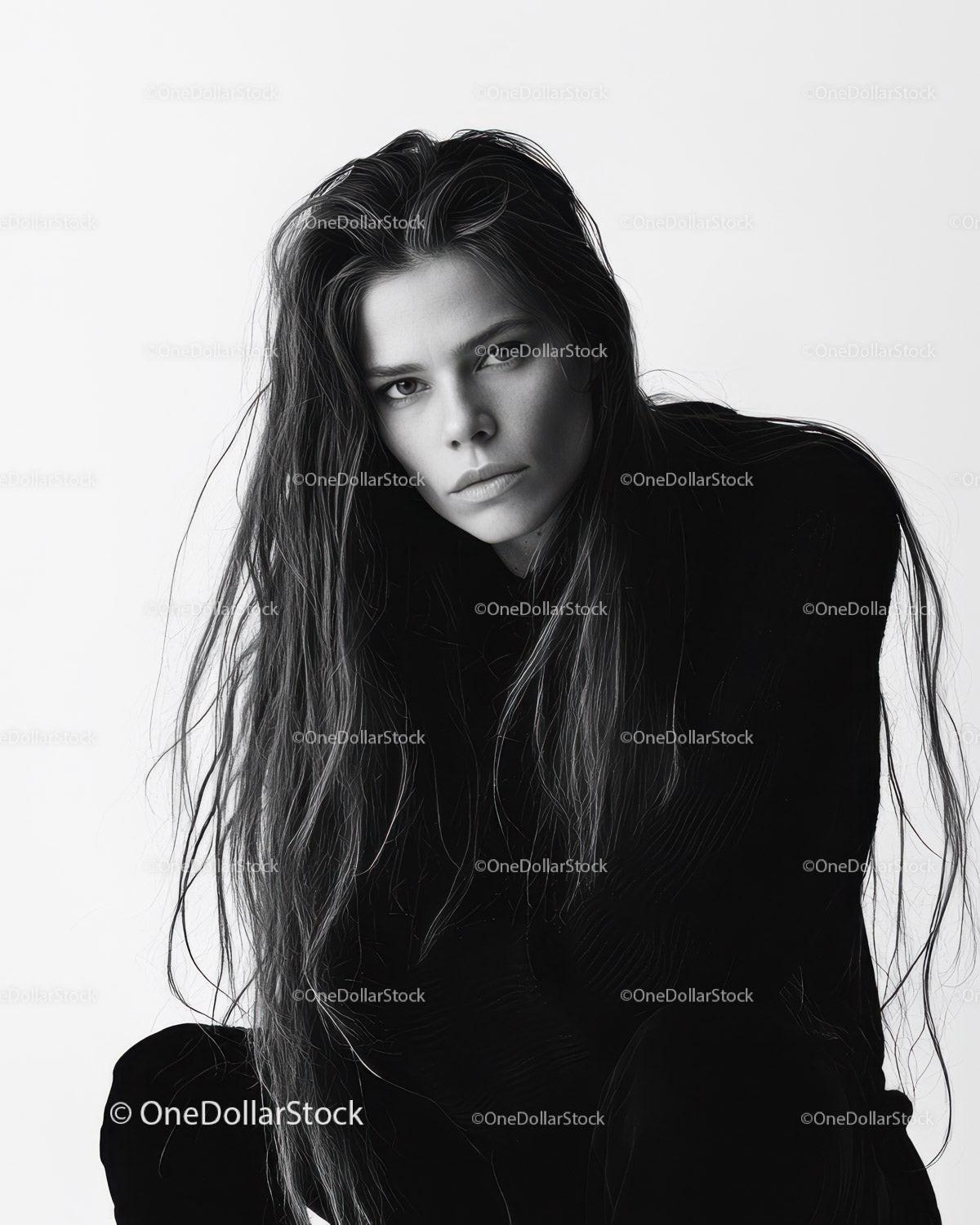 Elegant Black and White Portrait of a Woman with Long Hair