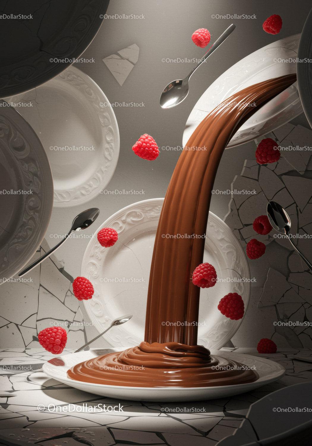 Flowing chocolate sauce with fresh raspberries in motion