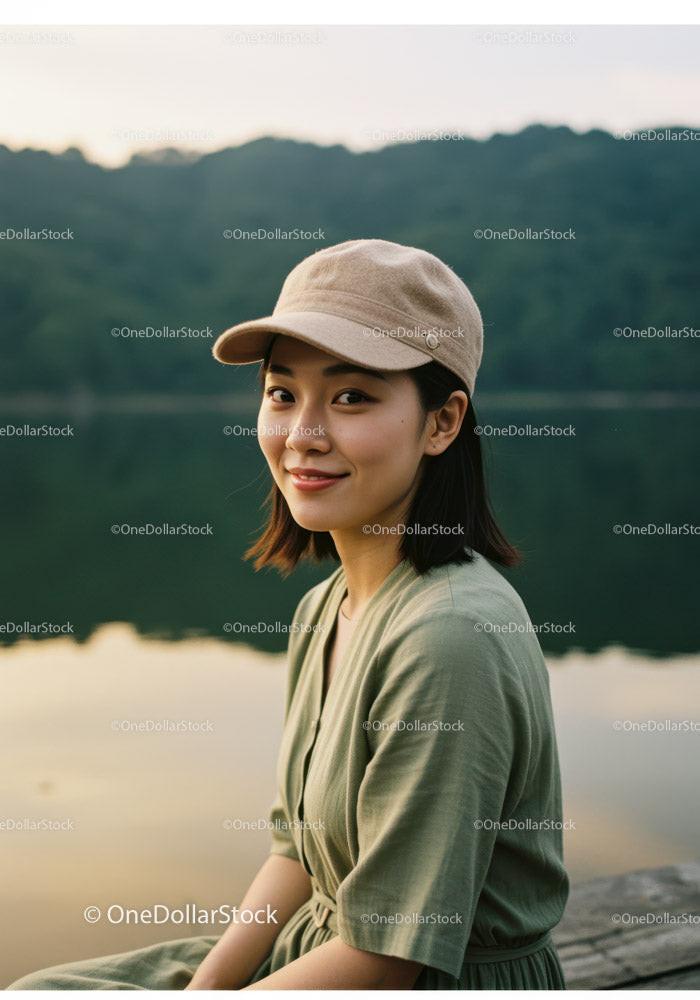 Young Woman in Green Dress and Cap Enjoying Lakeside View