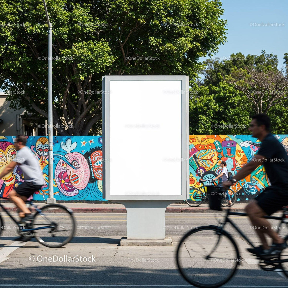 Urban cyclists passing blank billboard with colorful mural JPG Mockup Image preview