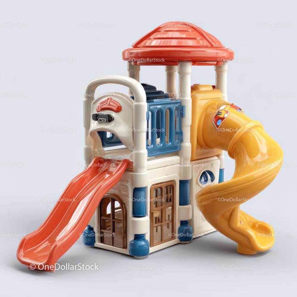 Small plastic toy playhouse with orange straight slide and yellow spiral slide on white background
