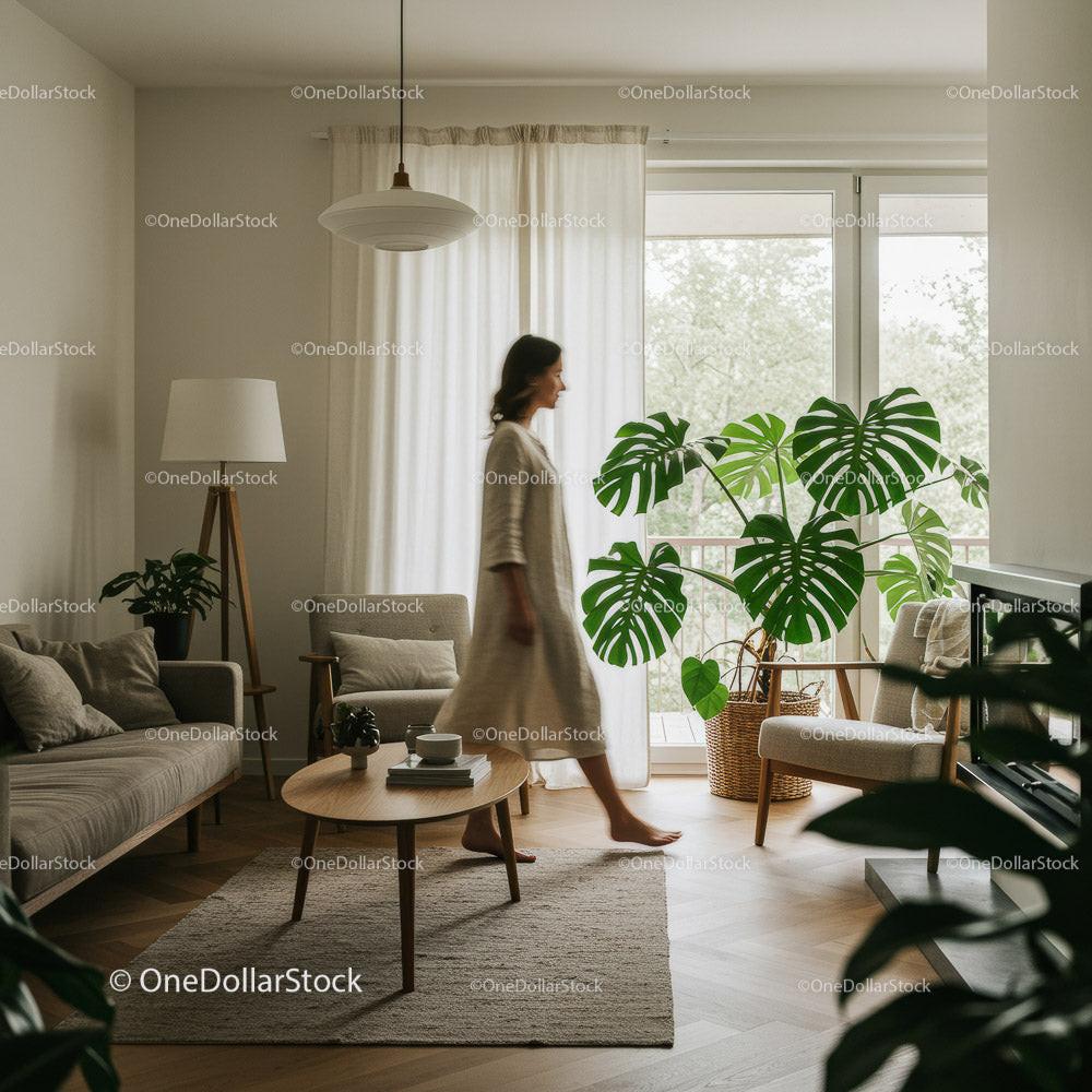 Elegant Woman Walking in a Modern Living Room with Plants Stock Photo Bundle preview 12