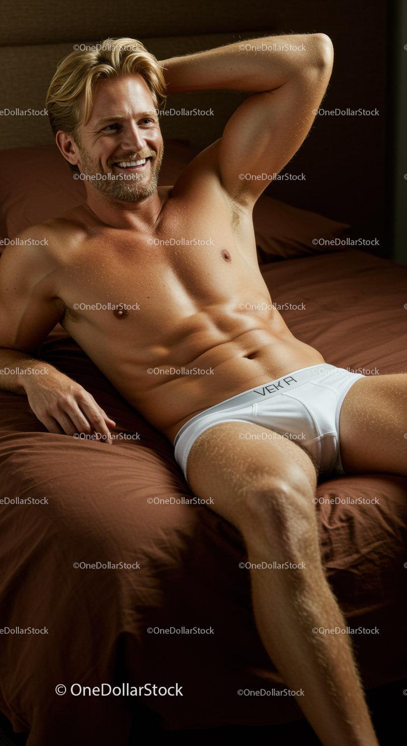 Smiling man relaxing on bed in white underwear