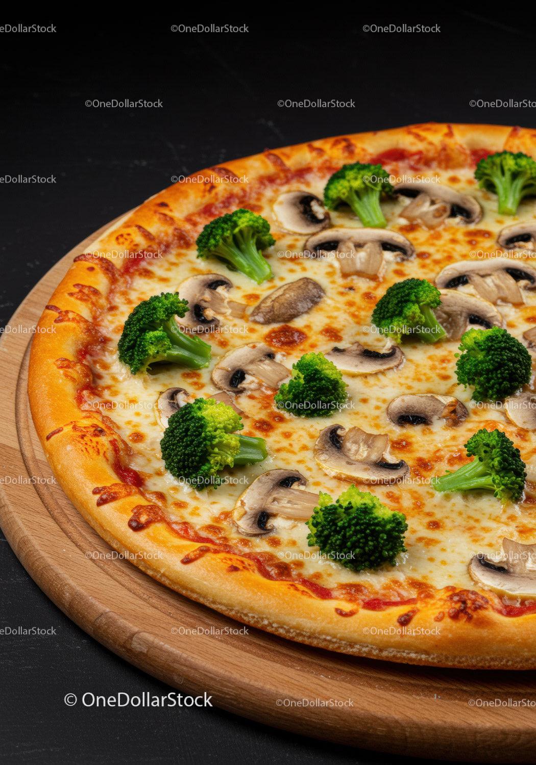 Fresh broccoli and mushroom pizza on wooden board