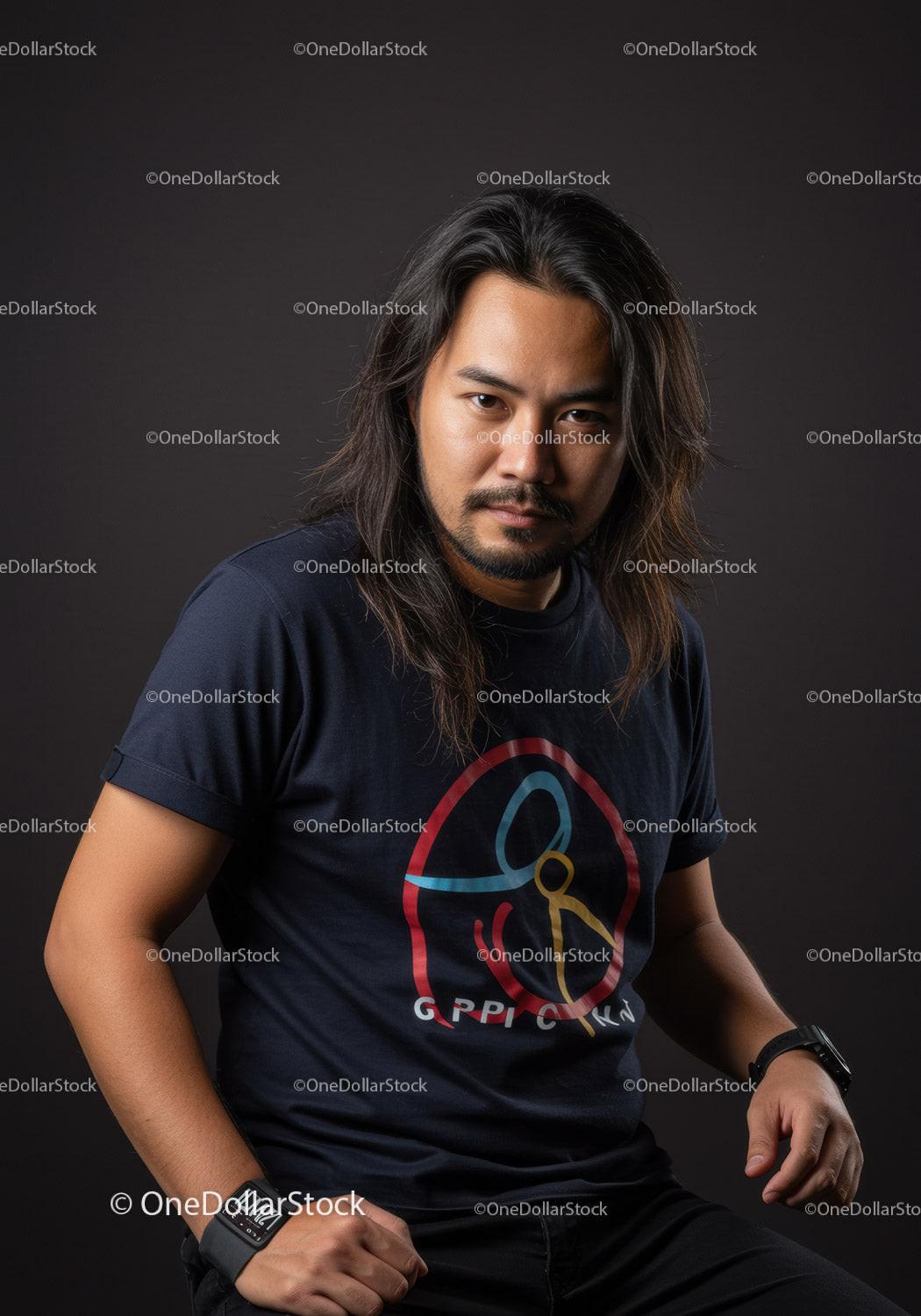 Confident man with long hair posing against dark background