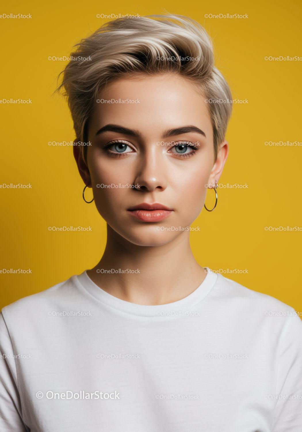 Portrait of a Young Woman with Blonde Hair and Blue Eyes Against Yellow Background