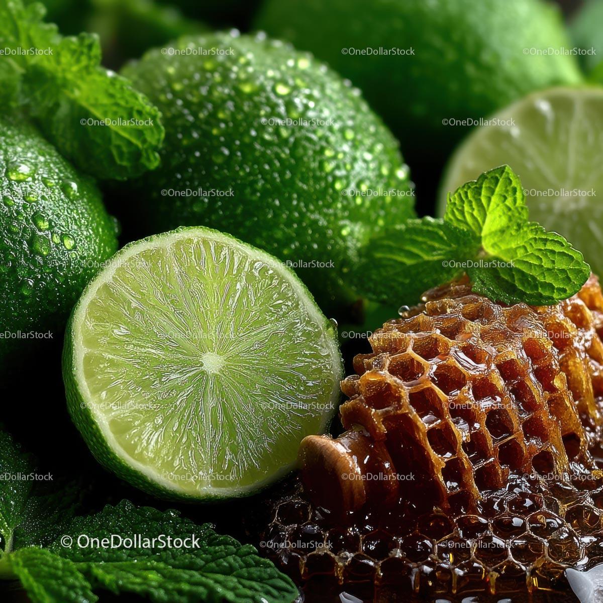 Fresh Limes, Mint Leaves and Honeycomb for Delicious Recipes Stock Photo Bundle preview 30