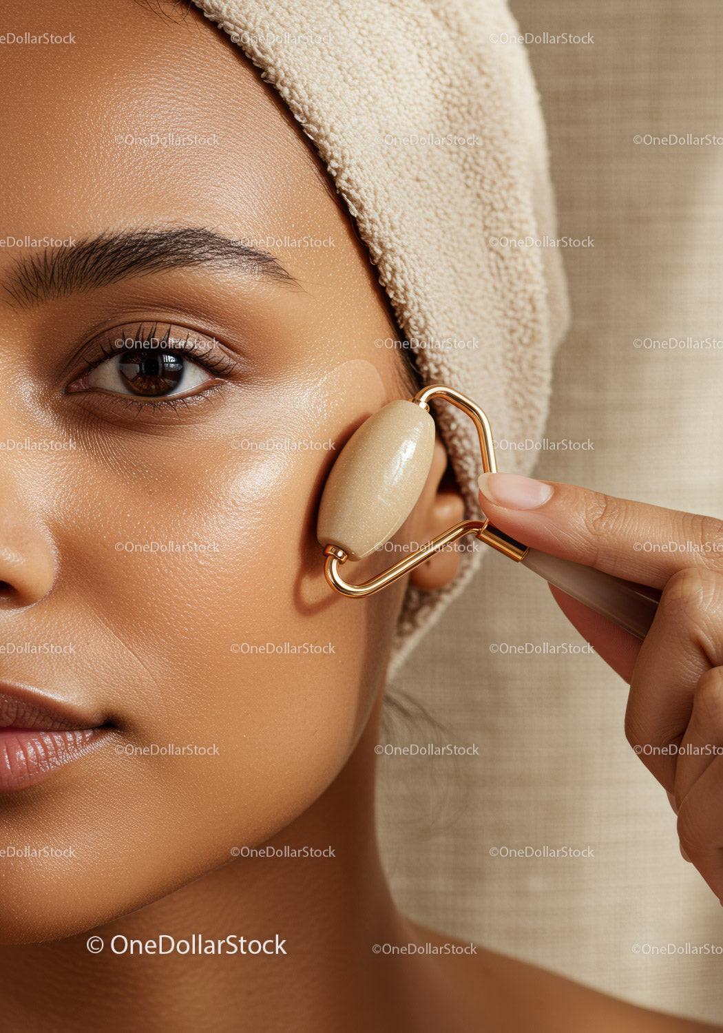 Close-up of Woman Receiving Facial Massage with Jade Roller