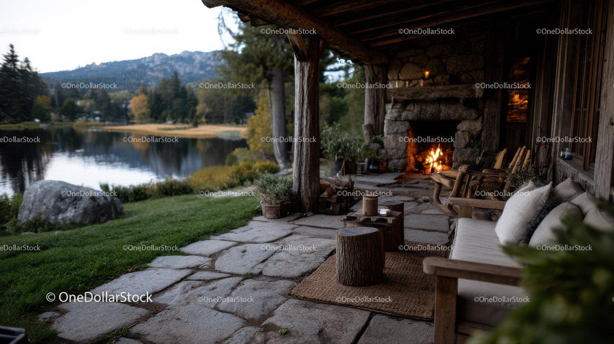 Cozy Riverside Cabin With Fireplace Overlooking Mountain Landscape Stock Photo Bundle preview 17