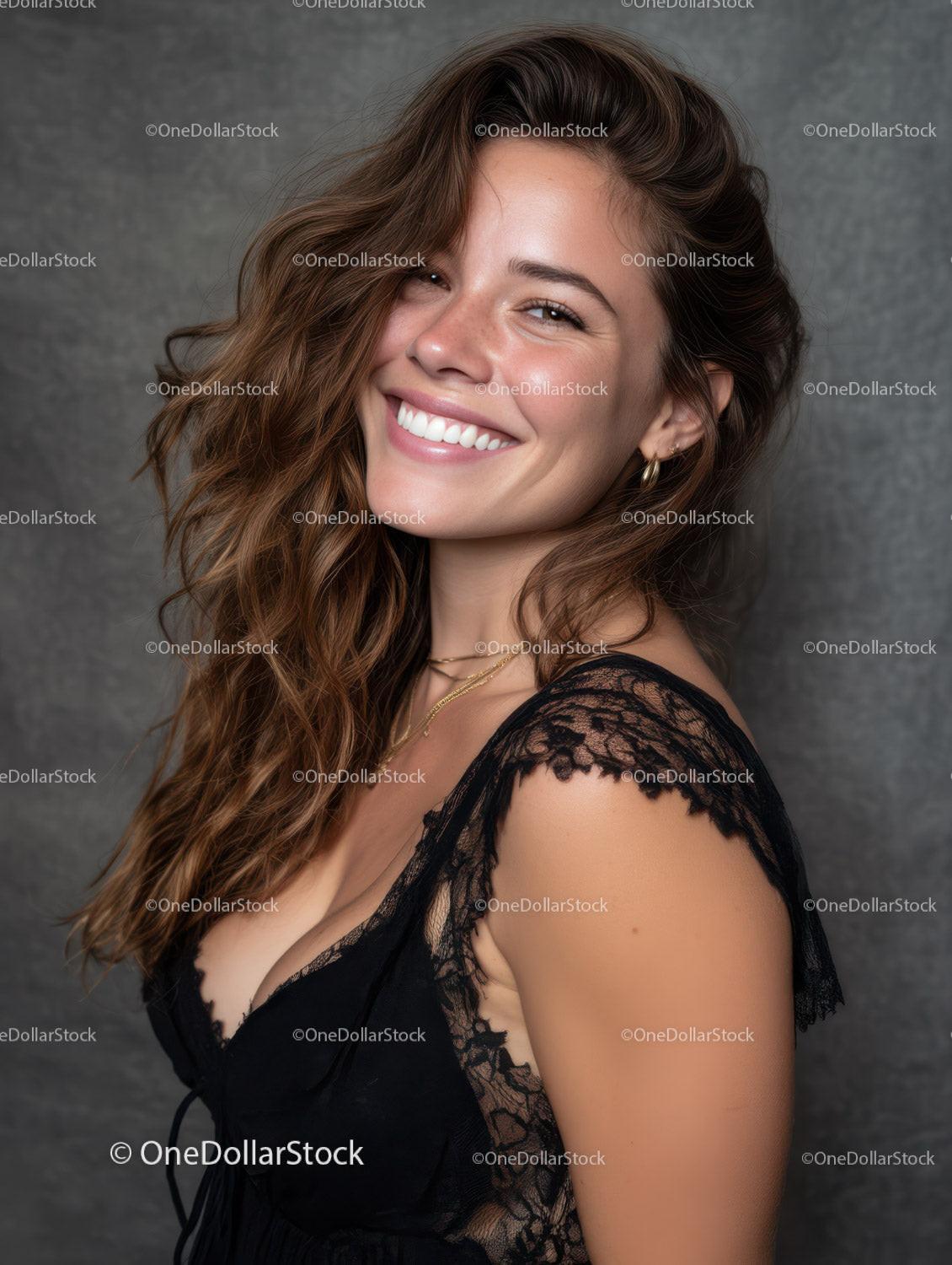 Elegant Smiling Woman with Wavy Hair in Lace Dress for Fashion