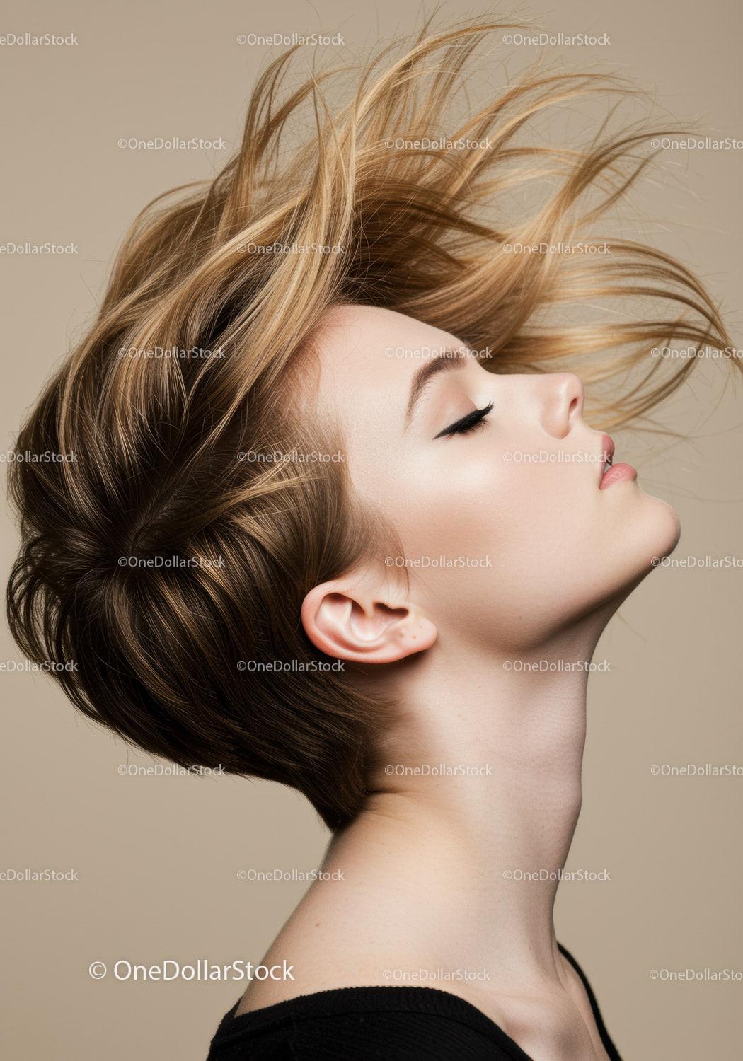 Serene woman with flowing hair against neutral background