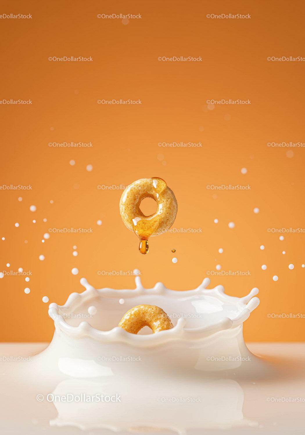 Cereal Ring Dropping Into Splashing Milk