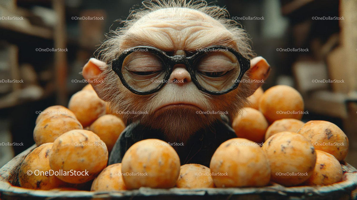 Monkey figurine with round glasses and sad expression surrounded by orange fruits