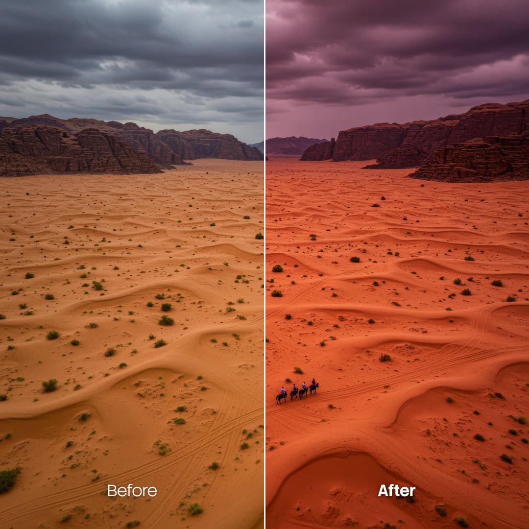 Before and after Dark Namib LUT Pack effect