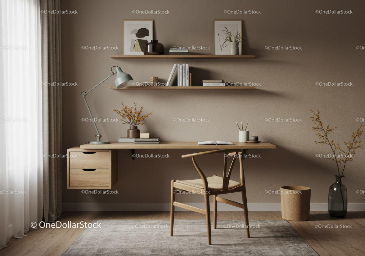 Minimalist home office with wooden desk and cozy chair