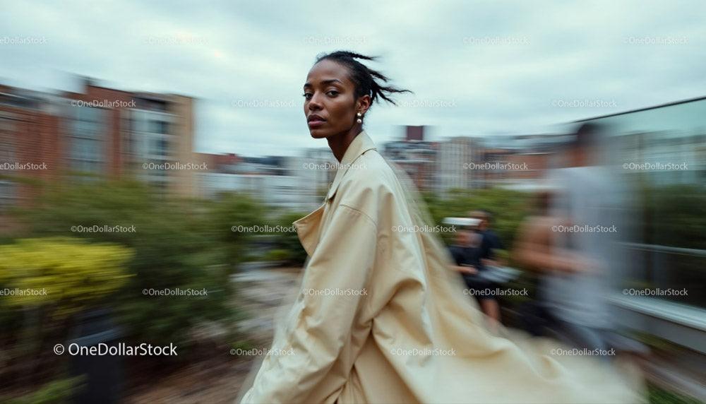 Dynamic Urban Fashion Scene with Confident Woman in Motion Stock Photo Bundle preview