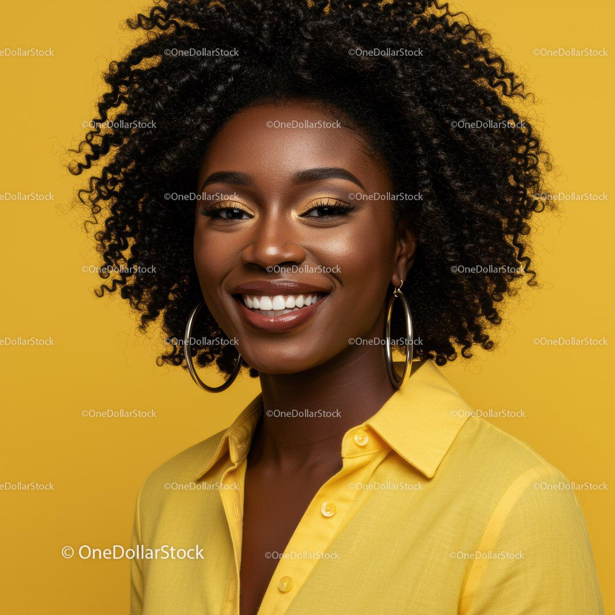 Vibrant Black Woman with Curly Hair Wearing Yellow Shirt with Bright Smile