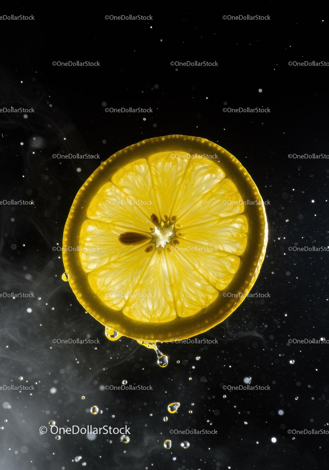 Fresh lemon slice illuminated on dark background