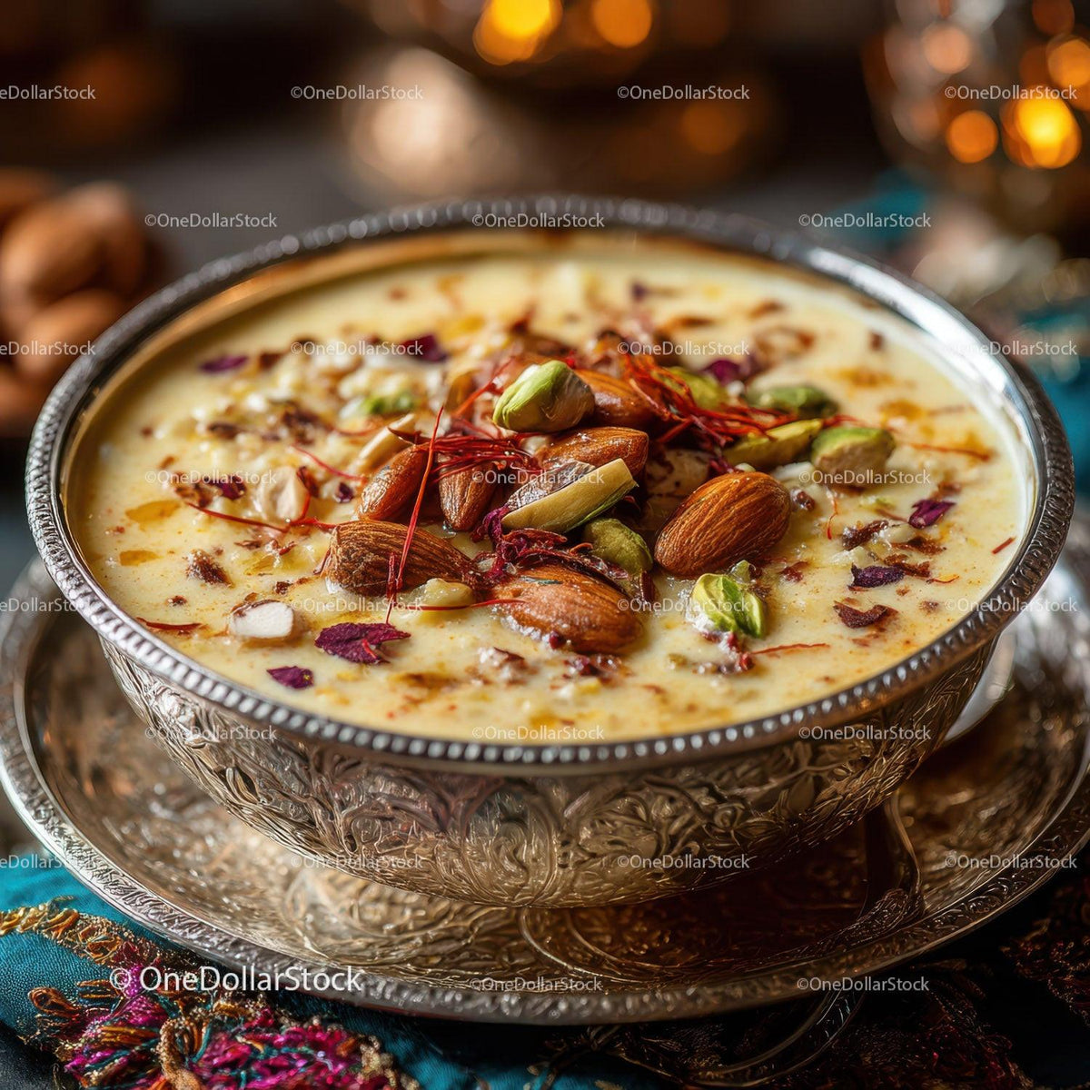 Rich Saffron Milk Dessert Garnished with Nuts and Rose Petals