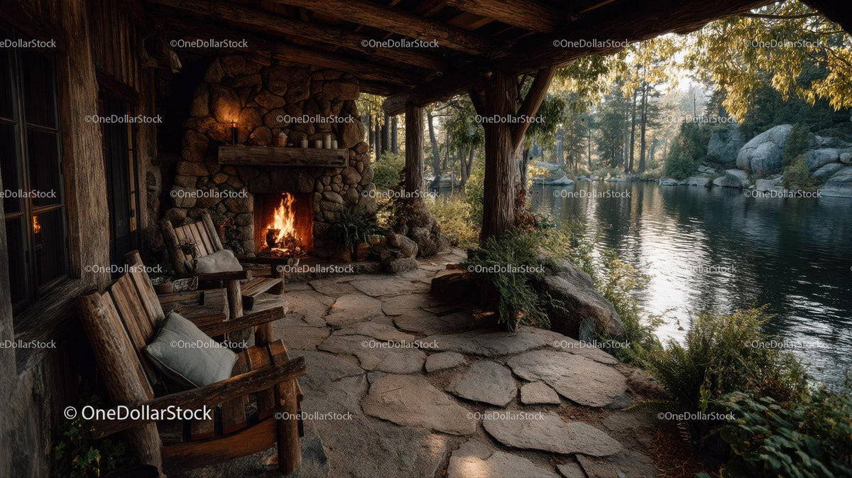 Rustic Riverside Cabin with Stone Fireplace Surrounded by Autumn Foliage Stock Photo Bundle preview 23